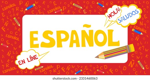 Espanol. Translation "Spanish".  
Сoncept of learning spanish language. "Hola, saludos, en línea"  Translate: "Hello, greetings,
Online " Language education. Distance education, remote school. Vector