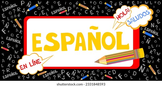 Espanol. Translation "Spanish".  
Сoncept of learning spanish language. "Hola, saludos, en línea"  Translate: "Hello, greetings,
Online " Language education. Distance education, remote school. Vector