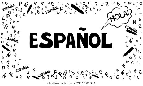 Espanol. Translation "Spanish".  
Сoncept of learning spanish language. "Hola" Translate: "Hello" Language education. Distance education, remote school, Spain university.  Vector  illustration