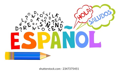 Espanol. Translation "Spanish".  
Сoncept of learning spanish language. "Hola" Translate: "Hello" Language education. Distance education, remote school, Spain university.  Vector  illustration