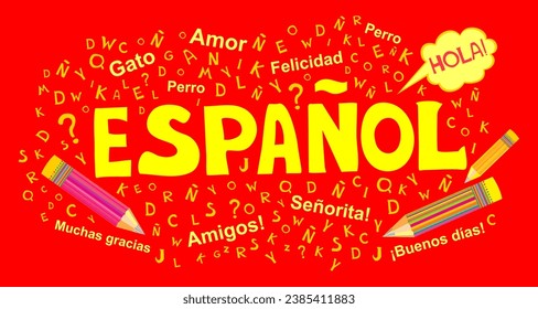 Espanol. Translation "Spanish".  
Сoncept of learning spanish language. "Hola" Translate: "Hello" Language education. Distance education, remote school, Spain university. Vector illustration