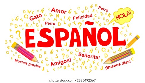 Espanol. Translation "Spanish".  
Сoncept of learning spanish language. "Hola" Translate: "Hello" Language education. Distance education, remote school, Spain university. Vector  illustration