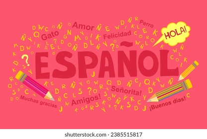 Espanol. Translation "Spanish".  
Сoncept of learning spanish language. "Hola" Translate: "Hello" Language education. Distance education, remote school, Spain university.   illustration