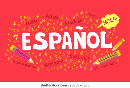 Espanol. Translation "Spanish".  
Сoncept of learning spanish language. "Hola" Translate: "Hello" Language education. Distance education, remote school, Spain university.   illustration