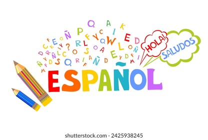 Espanol. Traducción "Español".  
СConcepto de aprendizaje de la lengua española. "Hola" Traducir: "Hola" Educación lingüística. Educación a distancia, escuela remota, Universidad de España. Ilustración de vector