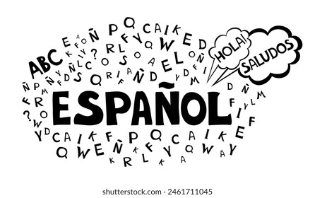 Espanol. Translation "Spanish".  
Сoncept of learning spanish language. "Hola" Translate: "Hello" Language education. Distance education, remote school, Spain university.  Vector illustration