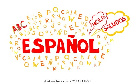 Espanol. Translation "Spanish".  
Сoncept of learning spanish language. Language education. Distance education, remote school, Spain university. Spanish Language Day. Postcard. Vector illustration