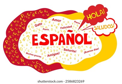 Espanol. Translation "Spanish".  
Сoncept of learning spanish language. Language education. Distance education, remote school, Spain university. Spanish Language Day. Postcard. Vector illustration