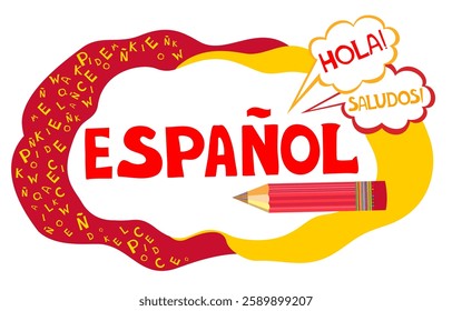 Espanol. Translation "Spanish".  
Сoncept of learning spanish language. Language education. Distance education, remote school, Spain university. Spanish Language Day. Postcard. Vector illustration