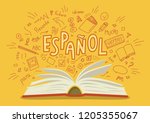 Espanol. Translation "Spanish". Open book with language hand drawn doodles and lettering. Education vector illustration.
