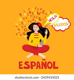 Espanol. Translation "Spanish". Spanish tutor. Online education, courses. Native speaker. Spanish language. Salut. Hello. Dictionnaire. Dictionary. Spanish school. Student. Girl studying online. 