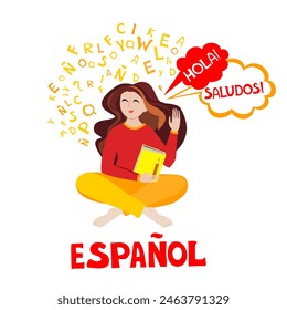 Espanol. Translation "Spanish" tutor. Online education, courses. Native speaker. Spanish language. Salut. Hello. Dictionnaire Dictionary. Spanish school. Student. Spanish Language Day. Postcard Vector