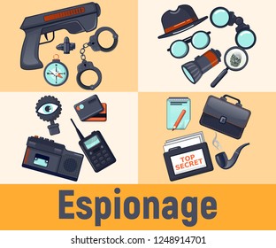 Espionage concept banner. Cartoon banner of espionage vector concept for web, giftcard and postcard
