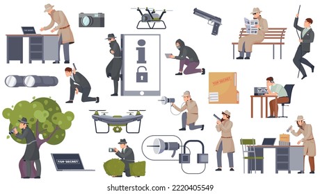 Espionage Flat Set Of People In Hat And Black Glasses With Gun Binocular Photo Camera Listening Device Isolated Vector Illustration