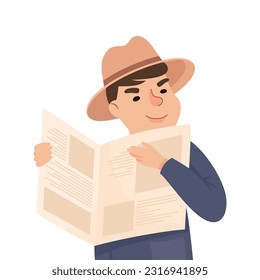 Espionaje con un detective privado en un sombrero con un periódico escuchando la ilustración de un vector de conversación