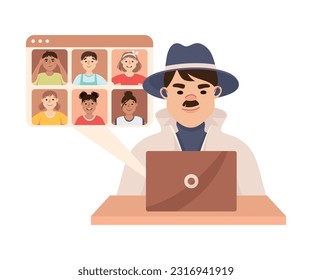 Espionage with Man Private Detective in Hat and Coat at Laptop Listening to Calls Vector Illustration