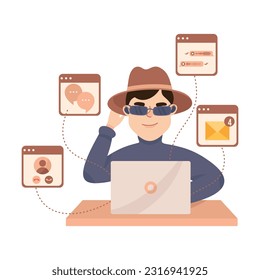 Espionaje con un detective privado en sombreros y gafas de sol en una laptop que recopila evidencia vectorial Ilustración