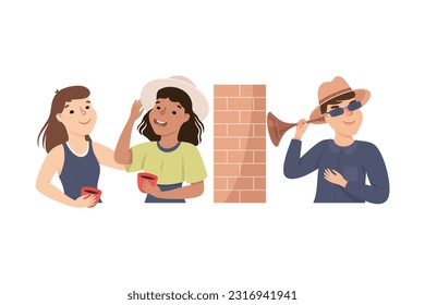 Espionaje con detective privado en sombrero con tubo acústico escuchando conversación de mujeres a través de ilustración de vectores de pared de ladrillo