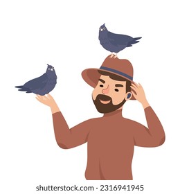 Espionage with Man Private Detective in Hat with Earphone and Pigeon Sitting on His Head Listening to Conversation Vector Illustration