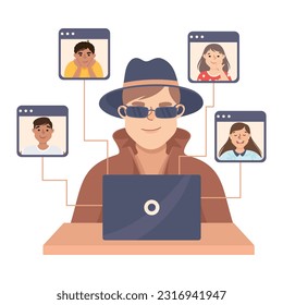 Espionaje con un detective privado en sombreros y escudos en portátiles escuchando llamadas Ilustración de vectores