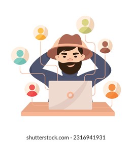 Espionaje con un detective privado trabajando en la ilustración de un vector criminal de rastreo de portátiles