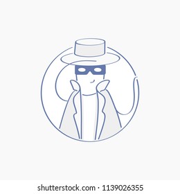 Espionage profile, Anonymous with mask, Shadowing, Spy, Agent, Inspector, Investigator, Detective character in cute hat, sleuthing, disguising, investigate.