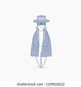 Espionage, Shadowing. Spy, Agent, Inspector, Investigator, Detective character in cute hat with binoculars and magnifying glass, sleuthing, disguising, investigate. Flat outline vector illustration