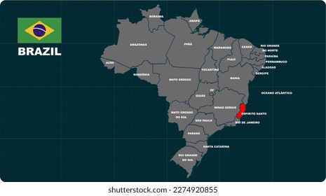 Mapa Espirito Santo, Espirito Santo rojo resaltado en 🇧 🇷 mapa 🇧 BRASIL 🇷, vector de ilustración de diseño plano