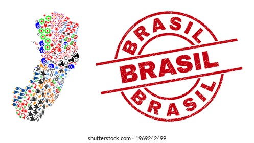 Espirito Santo State map collage and dirty Brasil red circle badge. Brasil badge uses vector lines and arcs. Espirito Santo State map mosaic includes helmets, homes, lamps, suns, stars,