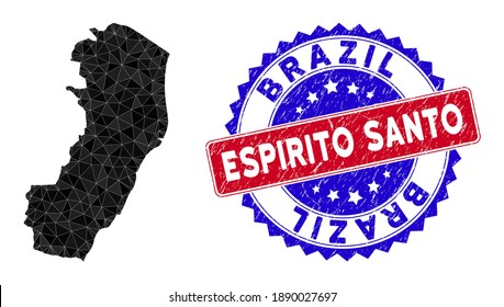 Espirito Santo State map polygonal mesh with filled triangles, and rubber bicolor stamp print. Triangle mosaic Espirito Santo State map with mesh vector model, triangles have randomized sizes,