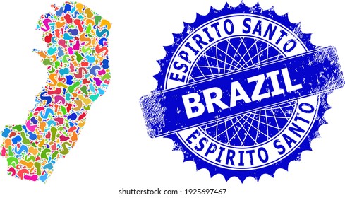 Espirito Santo State map vector image. Blot collage map and corroded badge for Espirito Santo State. Sharp rosette blue badge with caption for Espirito Santo State map.