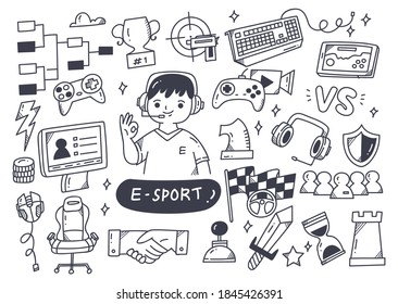 E-sport championship doodle set vector illustration