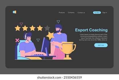 Concepto de Coaching Esport. Un instructor guía a un jugador a la victoria, resaltado por estrellas y trofeos. Tutoría en juegos competitivos. Ilustración vectorial.