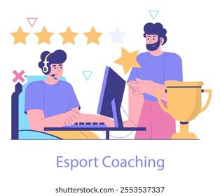 Esport coaching concept. A mentor guiding a gamer towards victory, with symbols of success surrounding them. Training for competitive gaming excellence. Vector illustration.