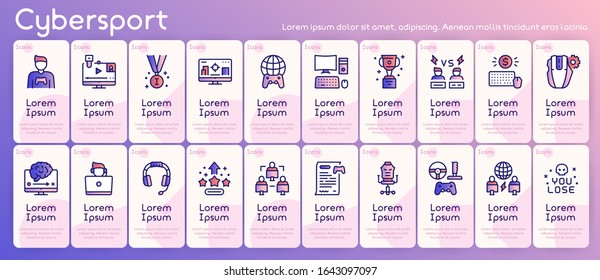 Esport color linear vector icons set. Cybersport competition concept. Cup, strategy, team, headset, gamers, stream, arena, medal, worldwide, computer. Gaming and fun. Game championship