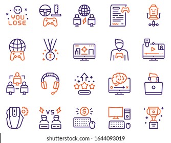 Esport color linear vector icons set. Cybersport competition concept. Cup, strategy, team, headset, gamers, stream, arena, medal, worldwide, computer. Gaming and fun. Game championship