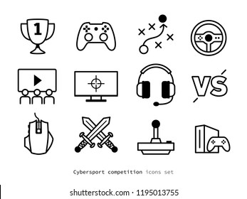 eSport competition icons set. Linear design PC gaming pictograms collection