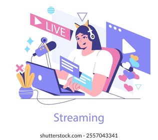 Esport concept. A female gamer engages in live streaming, complete with a headset and microphone, showcasing interactive communication. Vector illustration.