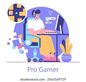 Esport concept. A focused gamer engages in competitive gaming from a vibrant home setup. Dedicated esports atmosphere with modern equipment. Vector illustration.