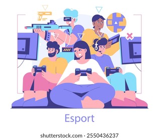 Conceito de Esport. Os jogadores se envolvem em jogos competitivos com entusiasmo, mostrando o trabalho em equipe e a estratégia. Evolução do entretenimento digital. Ilustração vetorial.