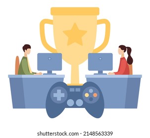 E-sport concept. Online game. Cybersport. Two cyber sport players at computers competing for trophy. Vector flat illustration