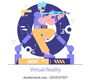 Esport concept. A player in virtual reality gear engages in competitive gaming, immersed in a digital world. Dynamic representation of VR gaming experience. Vector illustration.