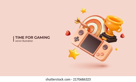 eSport or cyber sport concept. Realistic 3d design of Game console, Trophy Cup and hit target. 3D Vector illustration in cartoon minimal style.