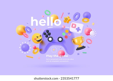 eSport or cyber sport concept. Realistic 3d design of Game console, Trophy Cup and floating elements. 3D Vector illustration in cartoon minimal style.