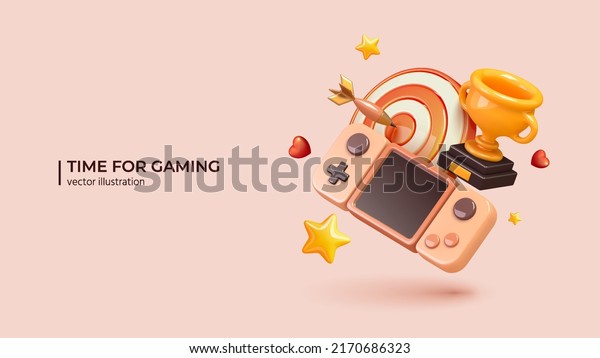 eSport or cyber sport concept. Realistic 3d design\
of Game console, Trophy Cup and hit target. 3D Vector illustration\
in cartoon minimal\
style.