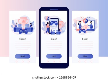 E-sport and cybersport concept. Professional gamers at video game online tournament competing  for trophy. Screen template for mobile smart phone. Modern flat cartoon style. Vector illustration