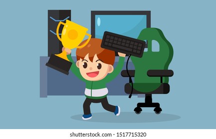 E-sport gamer character with champion cup, game business. Vector illustration
