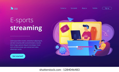 E-sport gamer live streaming online videogame play and viewer with laptop. E-sports streaming, live game show, online streaming business concept. Website vibrant violet landing web page template.