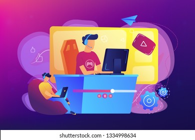 E-sport gamer live streaming online videogame play and viewer with laptop. E-sports streaming, live game show, online streaming business concept. Bright vibrant violet vector isolated illustration