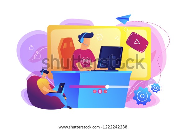 E Sportゲーマーがオンラインでライブストリーミングを行い ビデオゲームをプレイし ノートパソコンを使って視聴者を呼び出します E Sportsストリーミング ライブゲーム オンラインストリーミングビジネスコンセプト 明るい紫色のベクター画像分離イラスト の